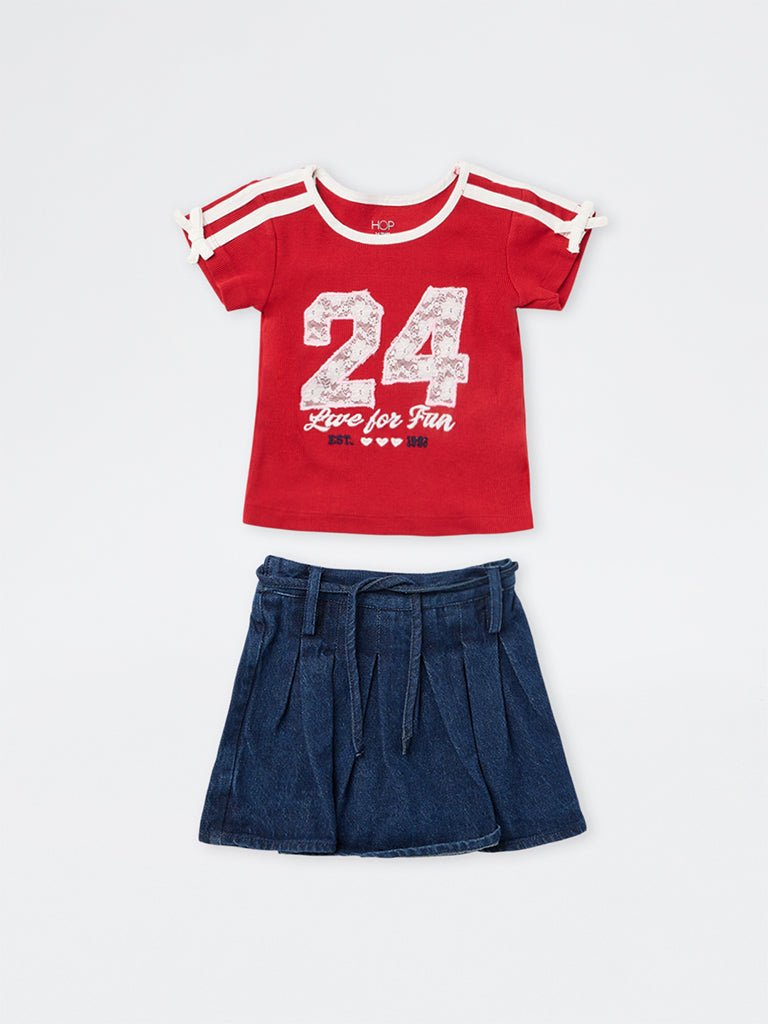 HOP Kids Girls Red and Blue Printed Cotton-Blend T-Shirt and Skort Set with Belt