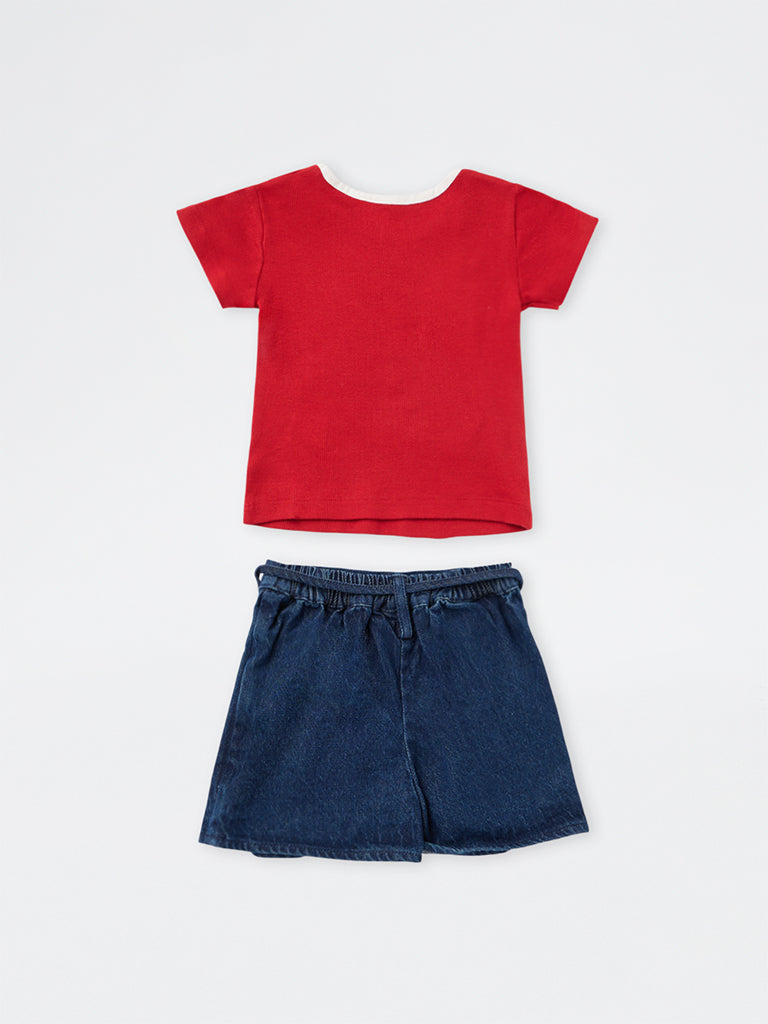 HOP Kids Girls Red and Blue Printed Cotton-Blend T-Shirt and Skort Set with Belt