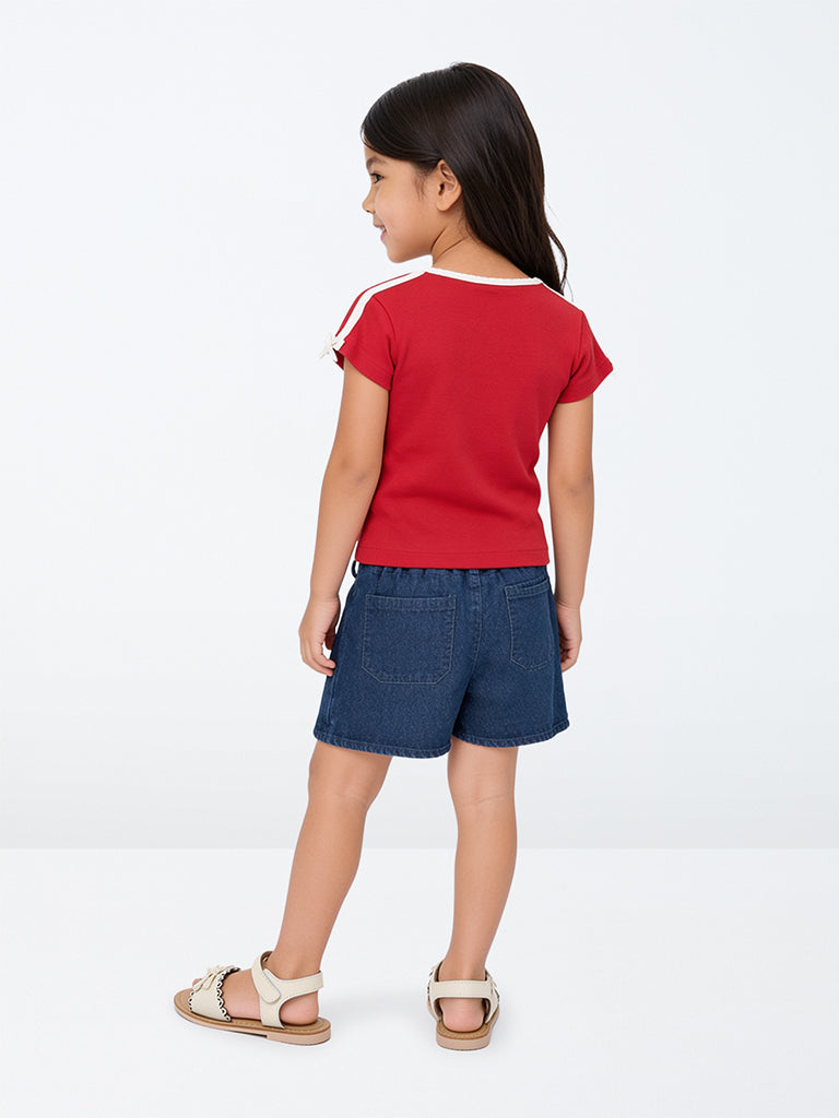 HOP Kids Girls Red and Blue Printed Cotton-Blend T-Shirt and Skort Set with Belt