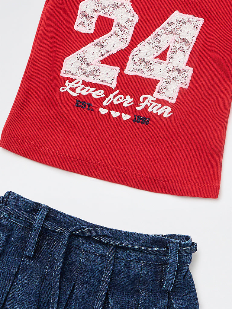 HOP Kids Girls Red and Blue Printed Cotton-Blend T-Shirt and Skort Set with Belt
