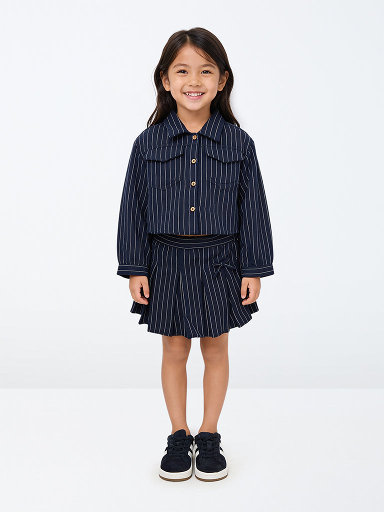 HOP Kids Girls Navy Pinstripe Printed High-Rise Cotton Skort