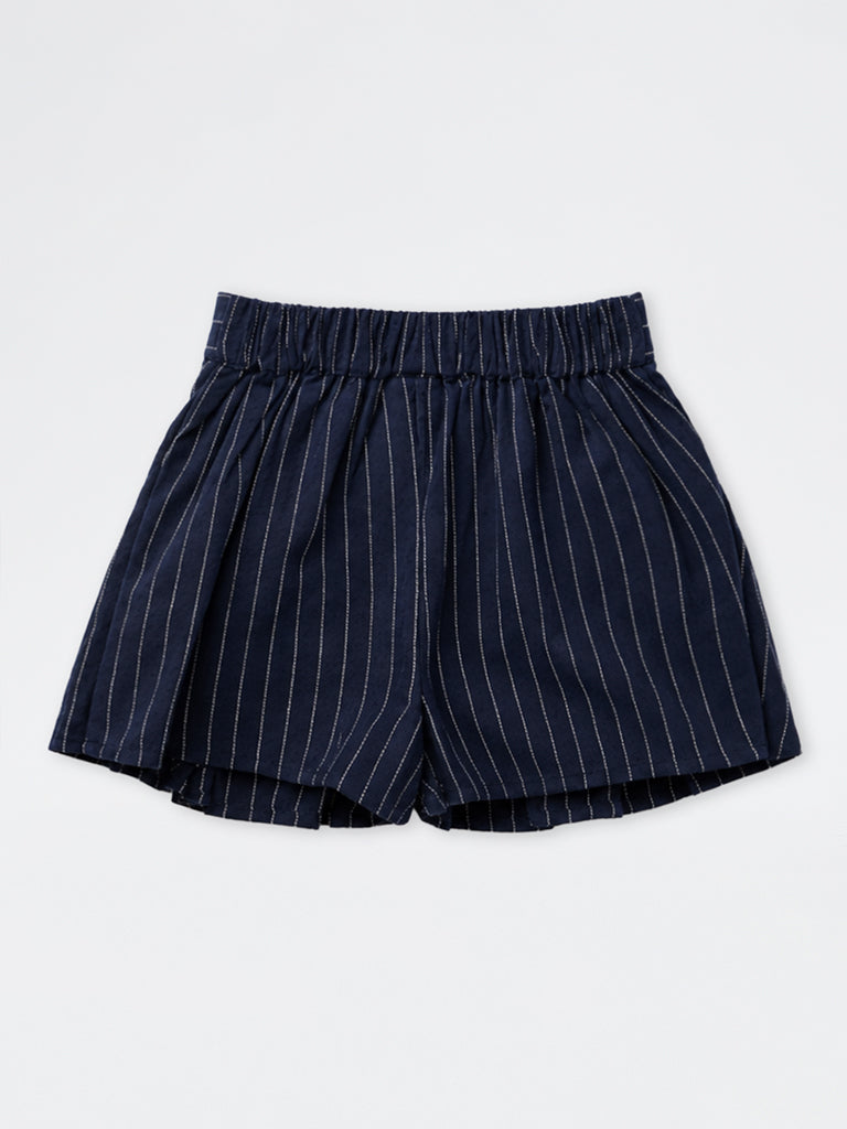 HOP Kids Girls Navy Pinstripe Printed High-Rise Cotton Skort