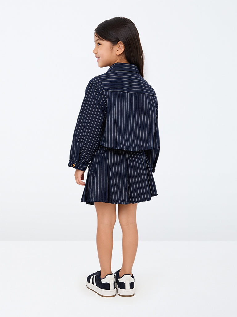 HOP Kids Girls Navy Pinstripe Printed High-Rise Cotton Skort
