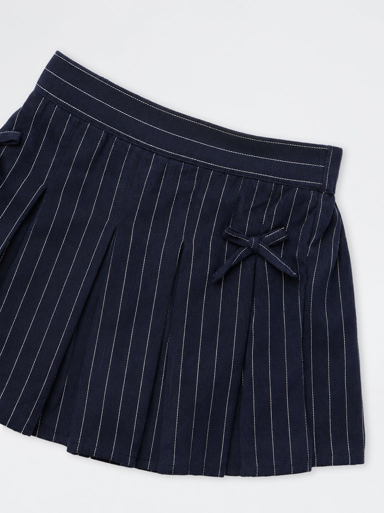 HOP Kids Girls Navy Pinstripe Printed High-Rise Cotton Skort