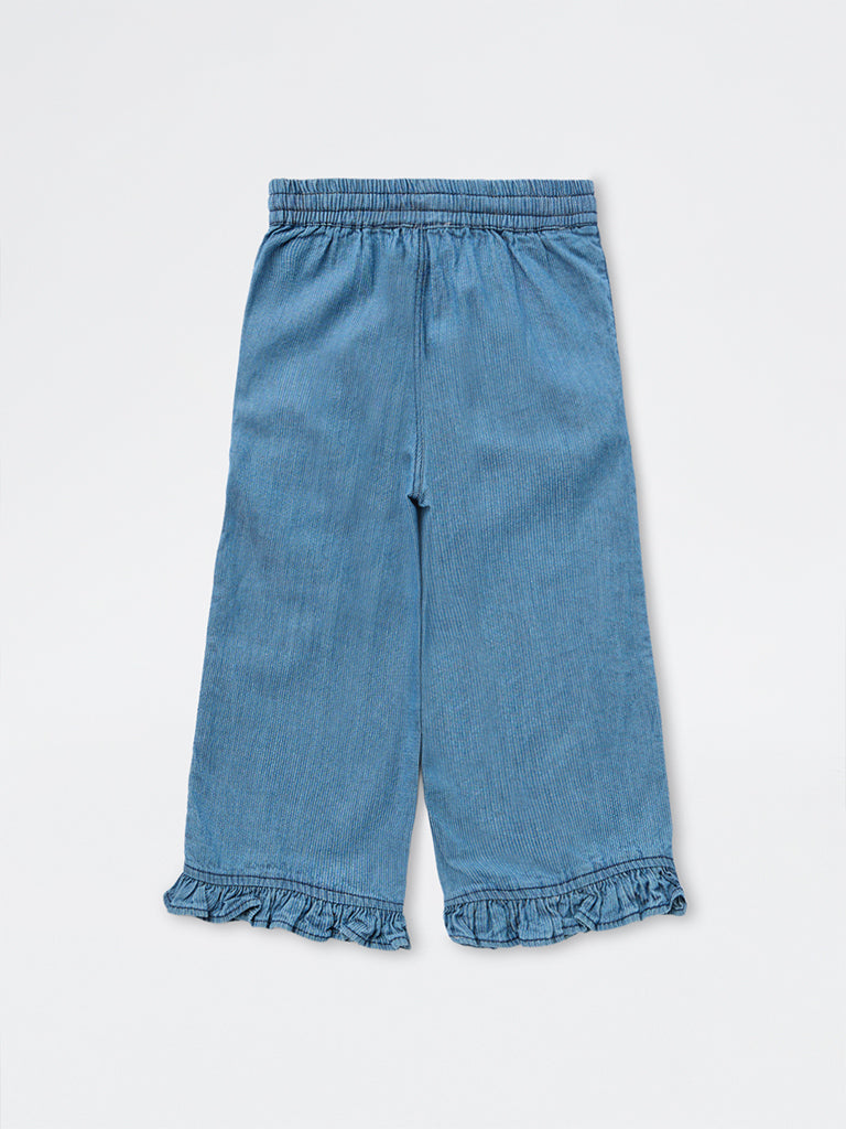HOP Kids Girls Blue High-Rise Wide-Leg Denim Trousers