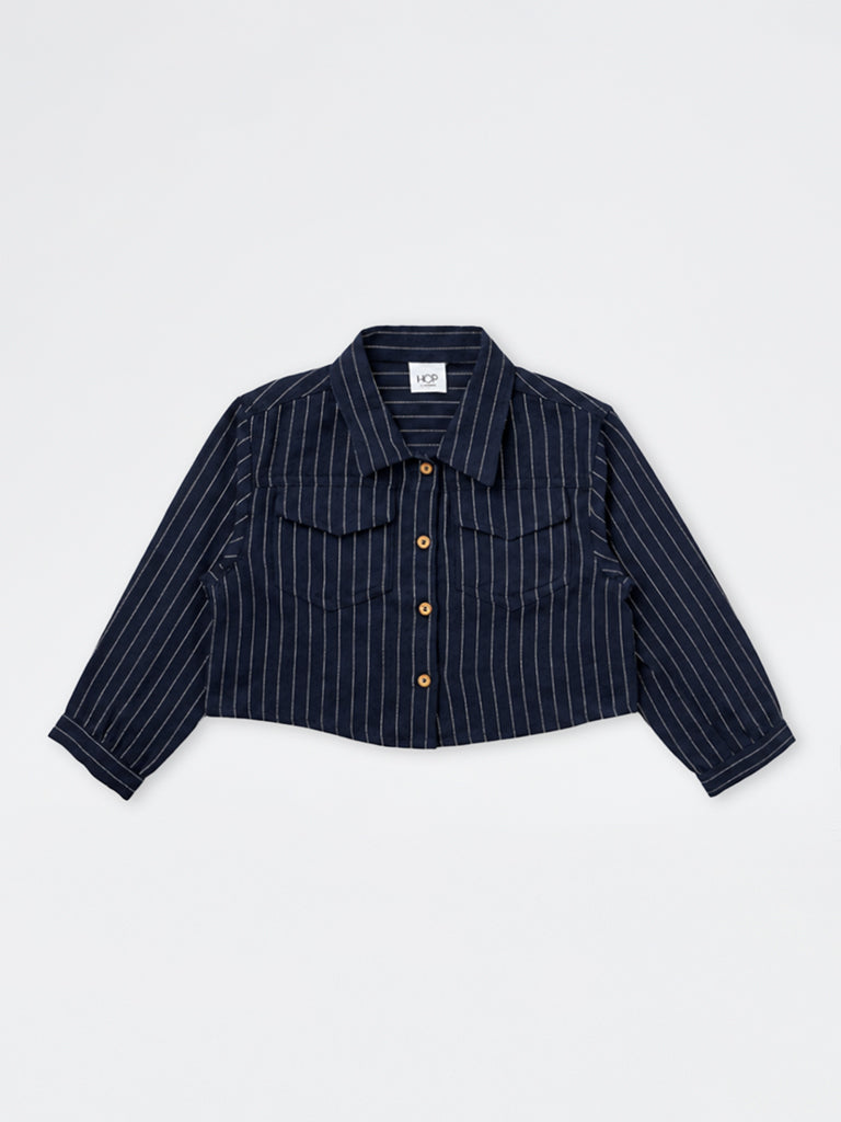 HOP Kids Girls Navy Pinstripe Printed Cotton Shirt