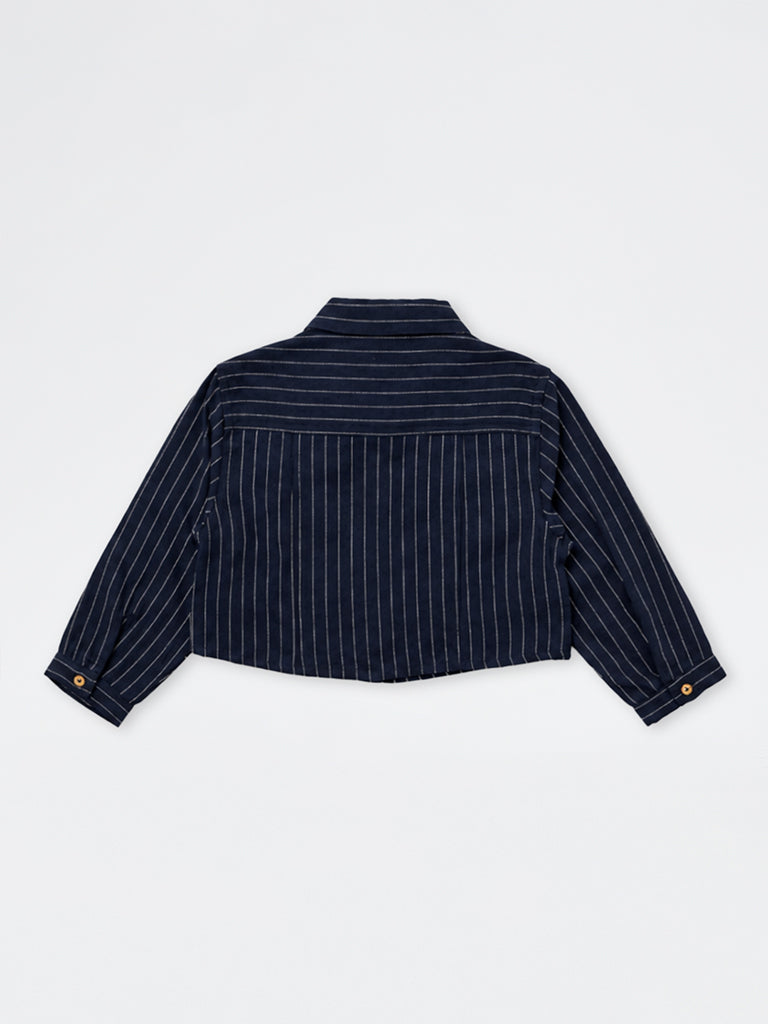 HOP Kids Girls Navy Pinstripe Printed Cotton Shirt