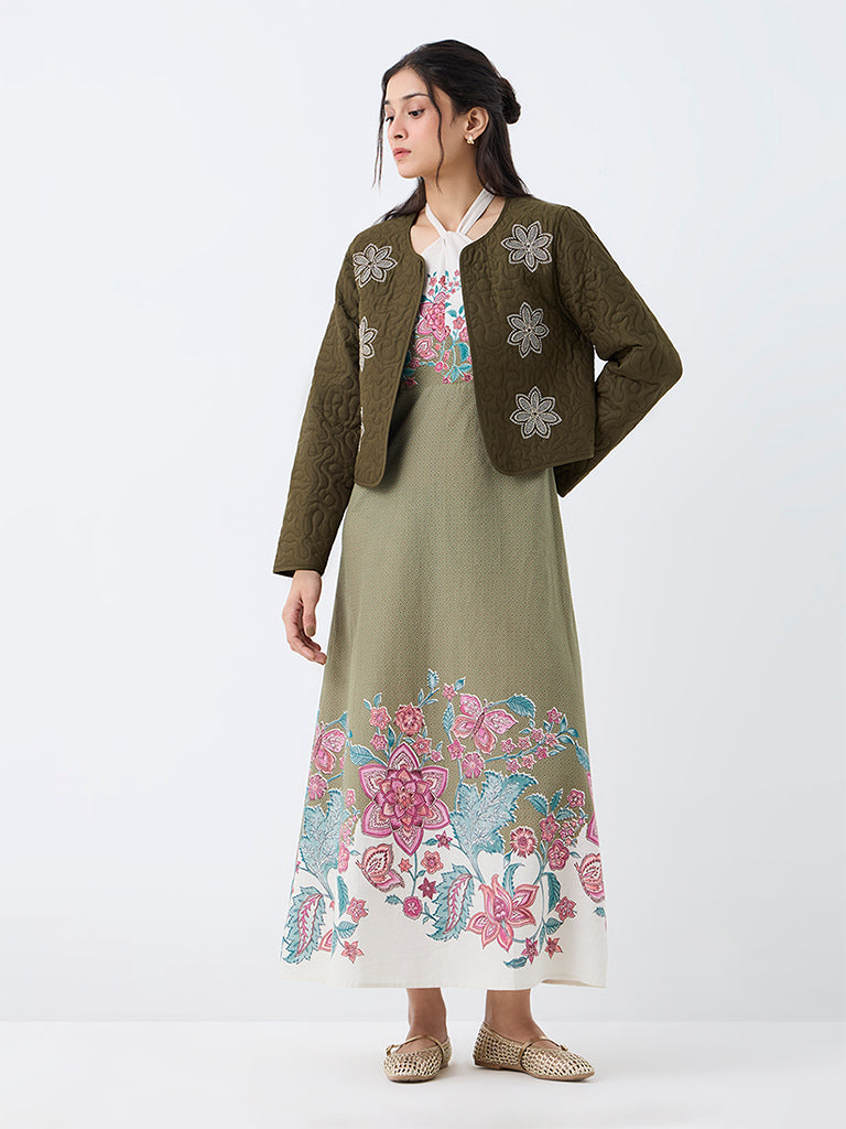 Bombay Paisley Dark Olive Floral Embroidered Quilted Jacket