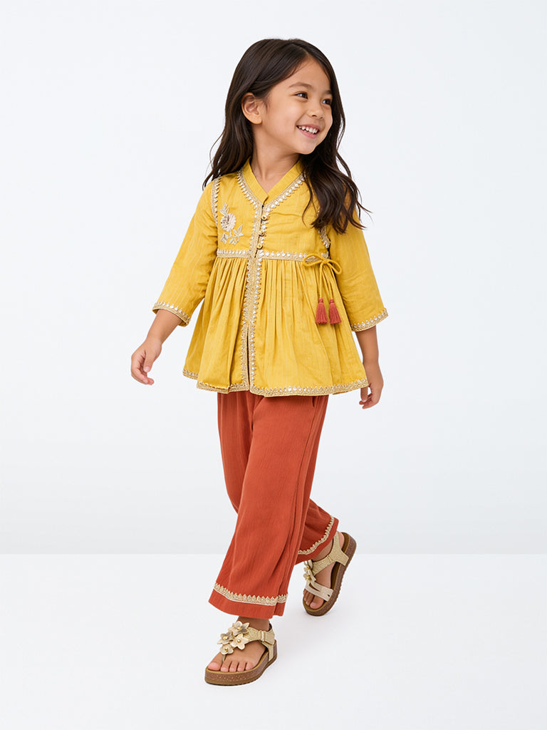 Utsa Kids Girls Yellow Sequin Embellished Cotton Top and Ethnic Pants Set - (2 -8 yrs)