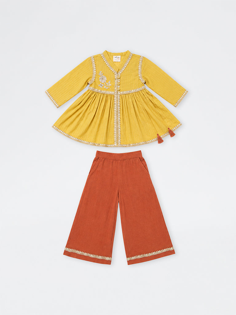 Utsa Kids Girls Yellow Sequin Embellished Cotton Top and Ethnic Pants Set - (2 -8 yrs)