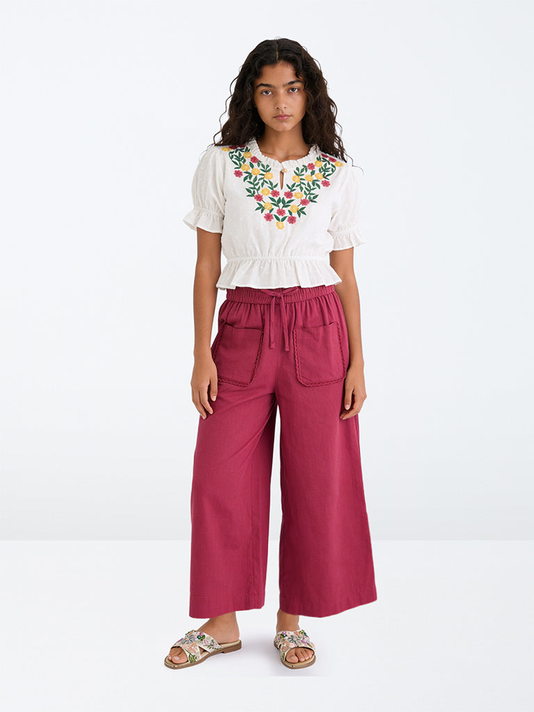 Utsa Kids Girls Red Solid Palazzos - (8-14 yrs)