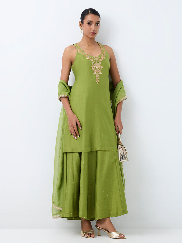 Vark Green Floral Embroidered A-Line Ethnic Set
