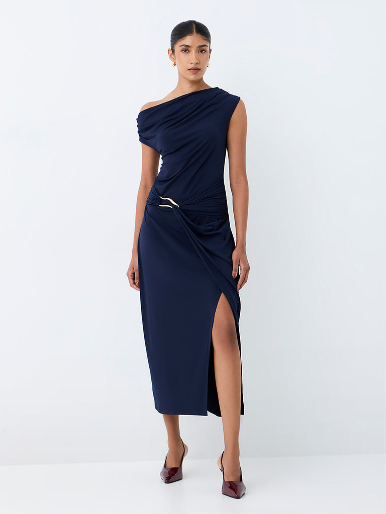 Wardrobe Navy Solid One-Shoulder Dress