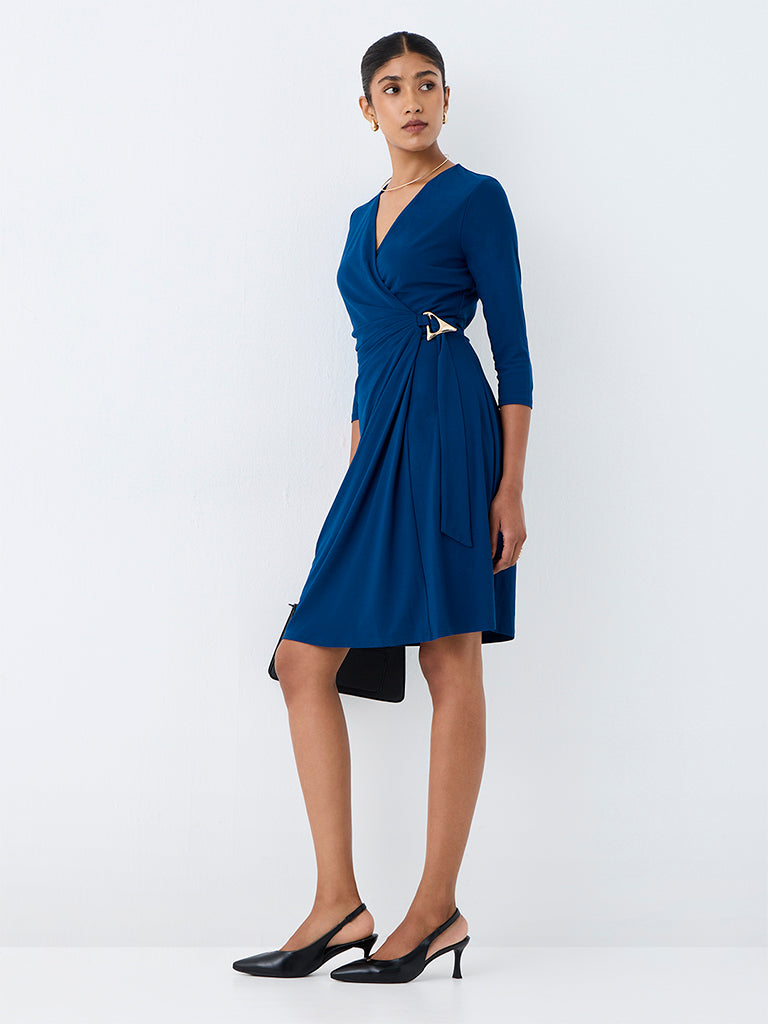 Wardrobe Teal Solid Wrap-Style Dress