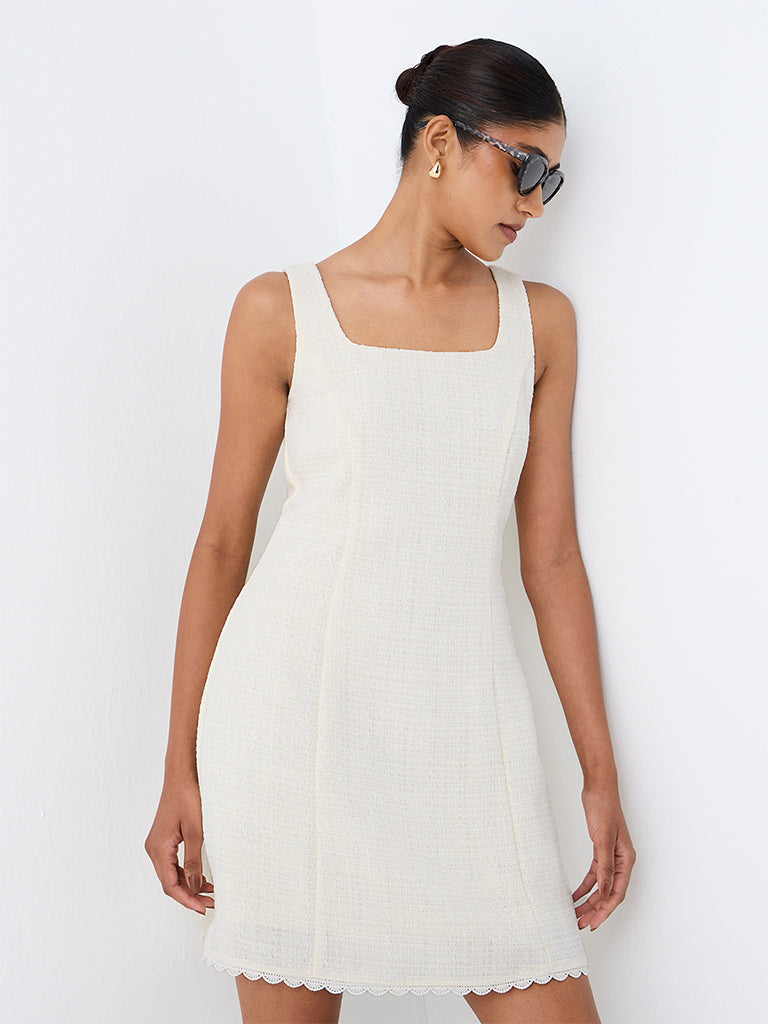 Wardrobe White Textured Cotton A-Line Dress