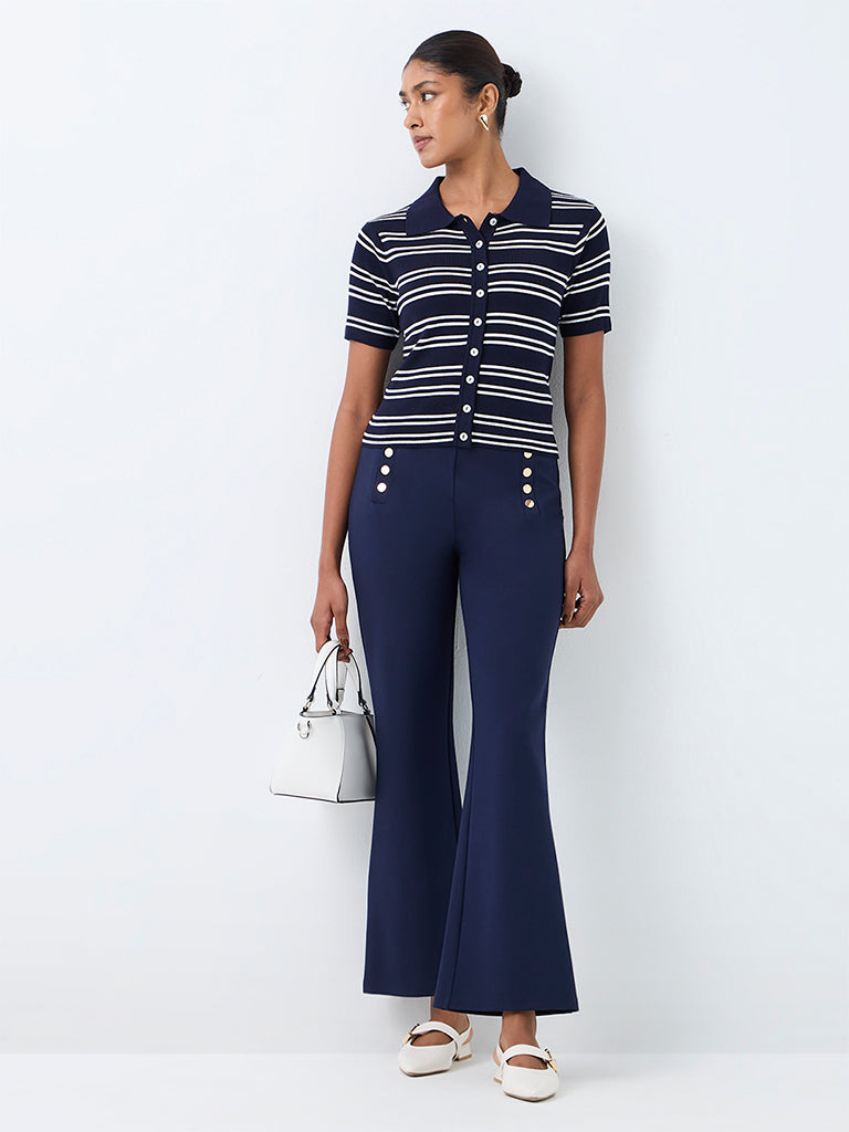 Wardrobe Navy Button-Detail Flared High-Rise Trousers