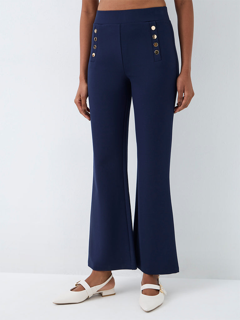 Wardrobe Navy Button-Detail Flared High-Rise Trousers
