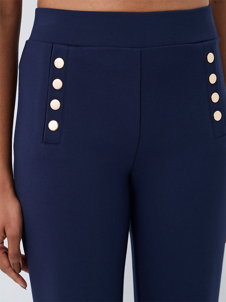 Wardrobe Navy Button-Detail Flared High-Rise Trousers