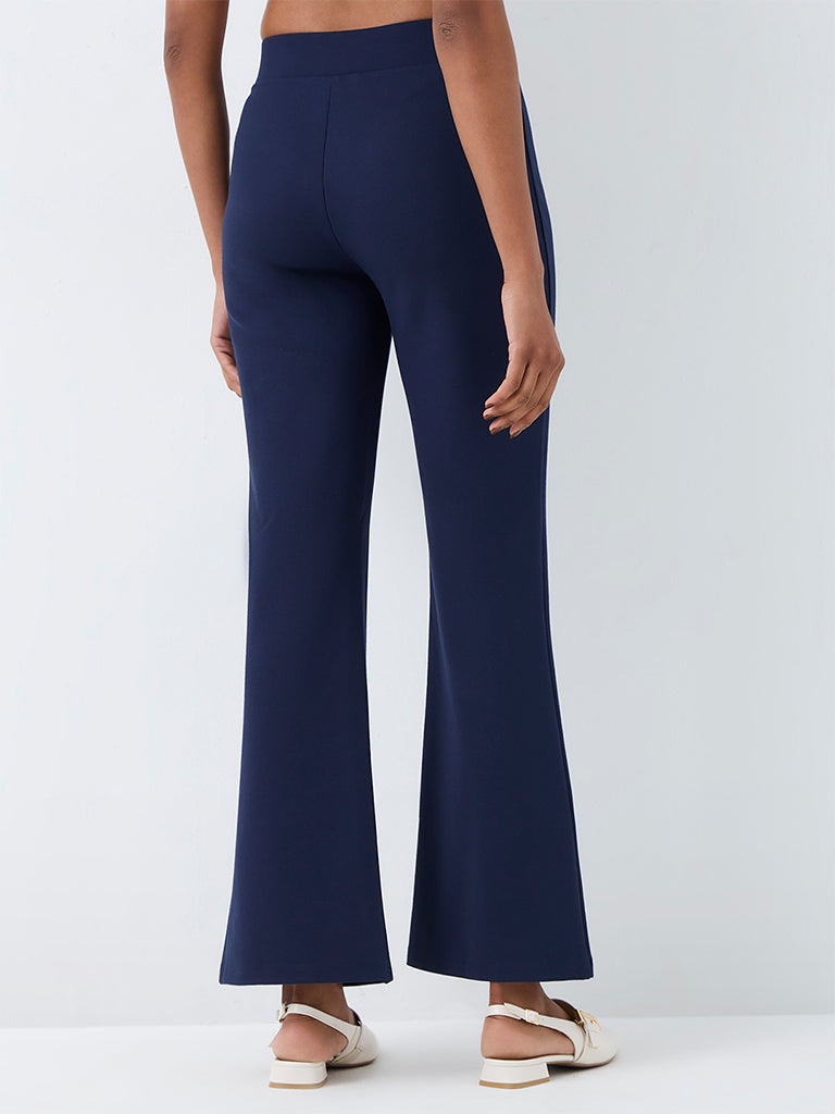 Wardrobe Navy Button-Detail Flared High-Rise Trousers