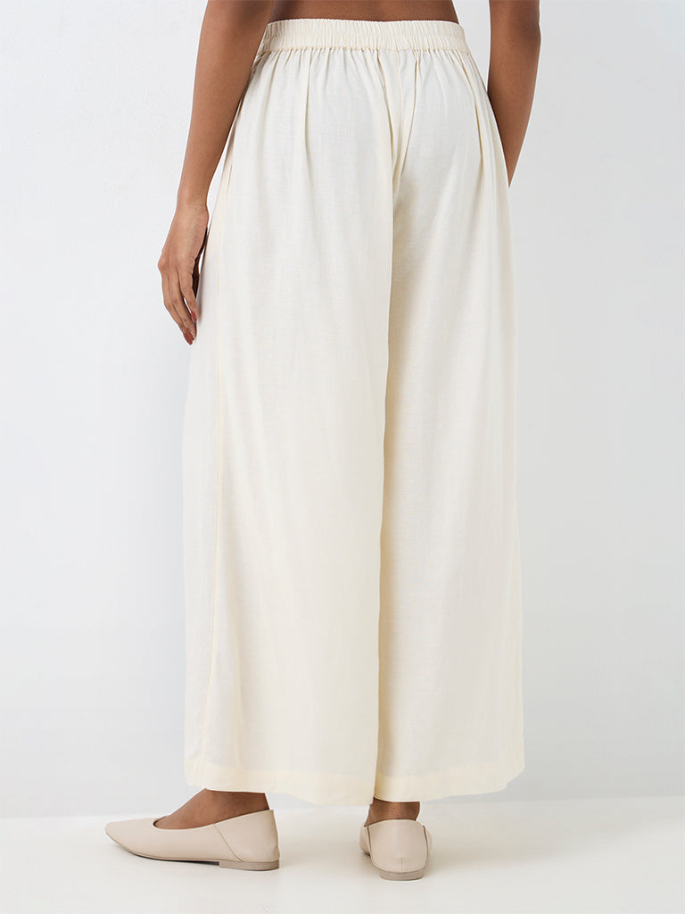 Zuba Off-White Solid Linen-Blend Pants