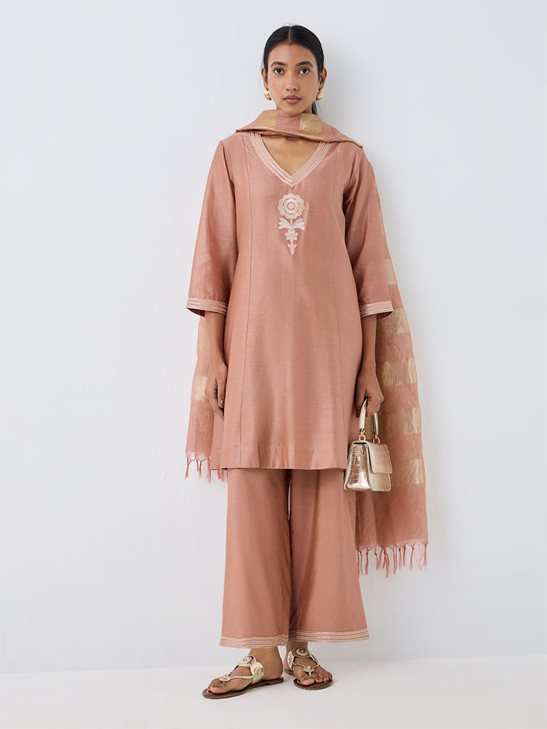 Zuba Dusty Pink Floral Embroidered Cotton-Blend A-Line Kurta