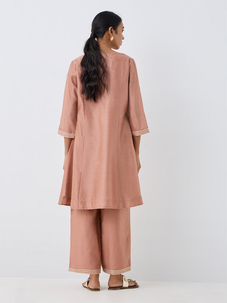 Zuba Dusty Pink Floral Embroidered Cotton-Blend A-Line Kurta