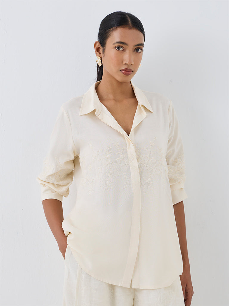 Zuba Off-White Floral Embroidered  Linen-Blend Tunic