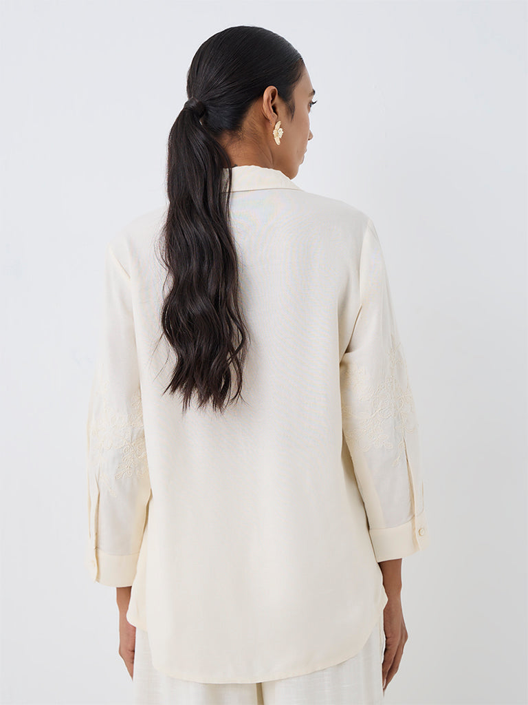 Zuba Off-White Floral Embroidered  Linen-Blend Tunic