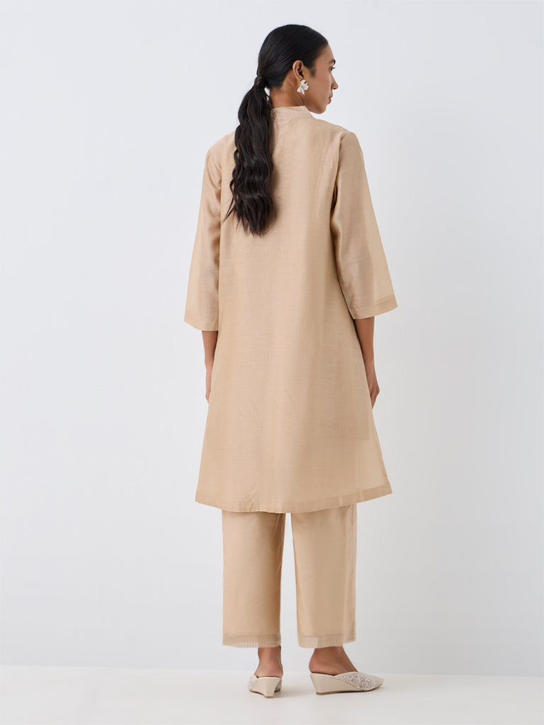 Zuba Beige Embroidered Cotton-Blend A-Line Kurta with Jacket
