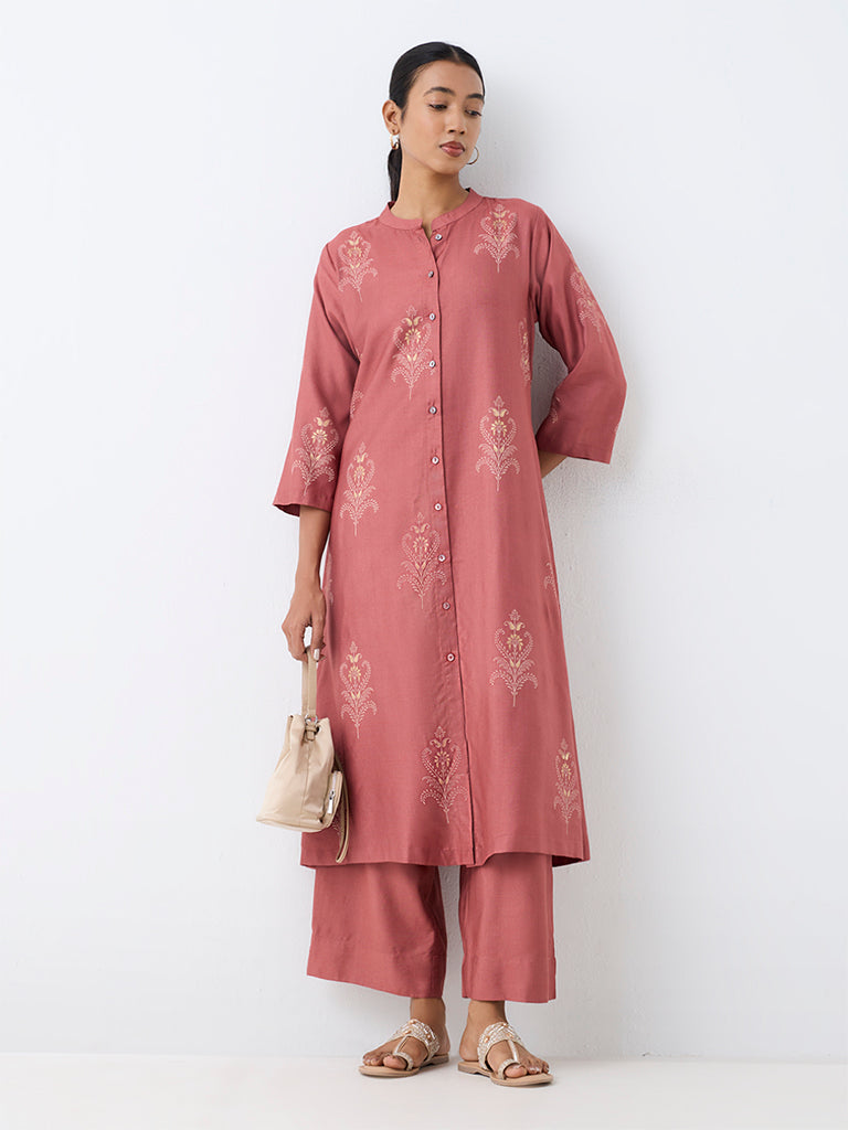 Zuba Dusty Pink Foliage Pattern A-Line Kurta