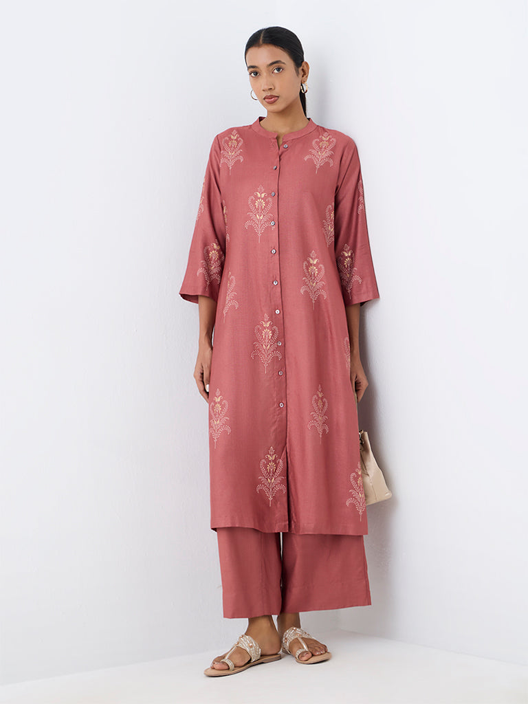 Zuba Dusty Pink Foliage Pattern A-Line Kurta