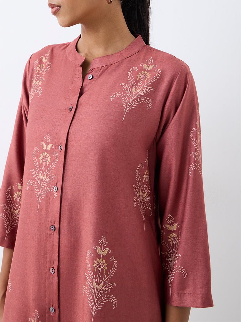 Zuba Dusty Pink Foliage Pattern A-Line Kurta