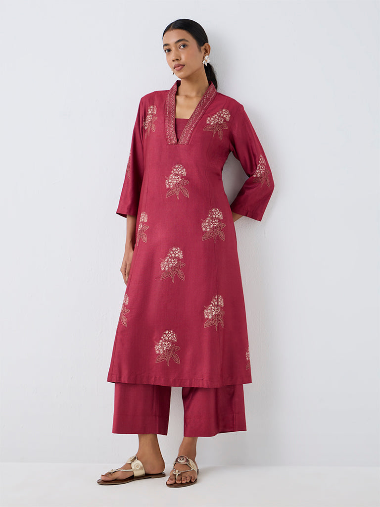 Zuba Red Floral Embroidered A-Line Kurta