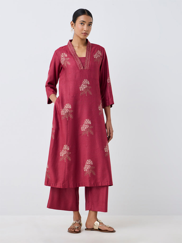 Zuba Red Floral Embroidered A-Line Kurta