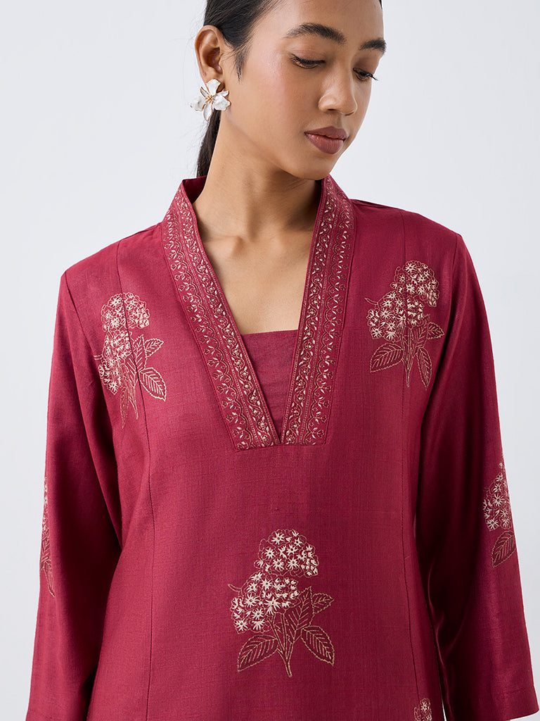 Zuba Red Floral Embroidered A-Line Kurta