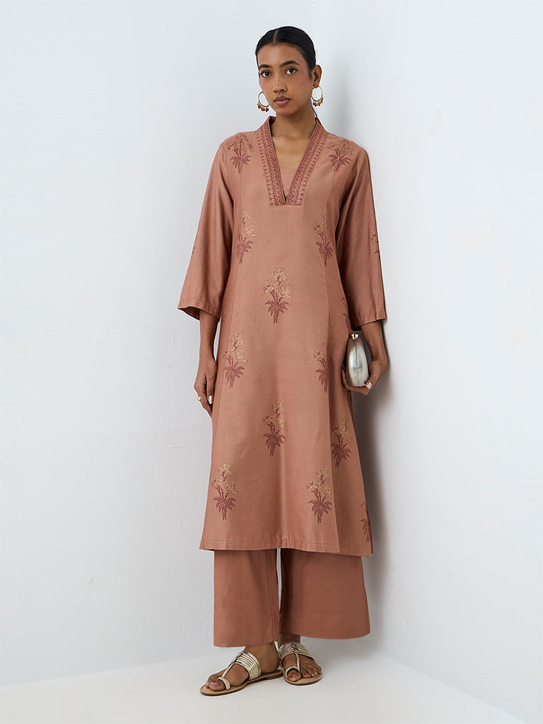 Zuba Rust Floral Pattern A-Line Kurta