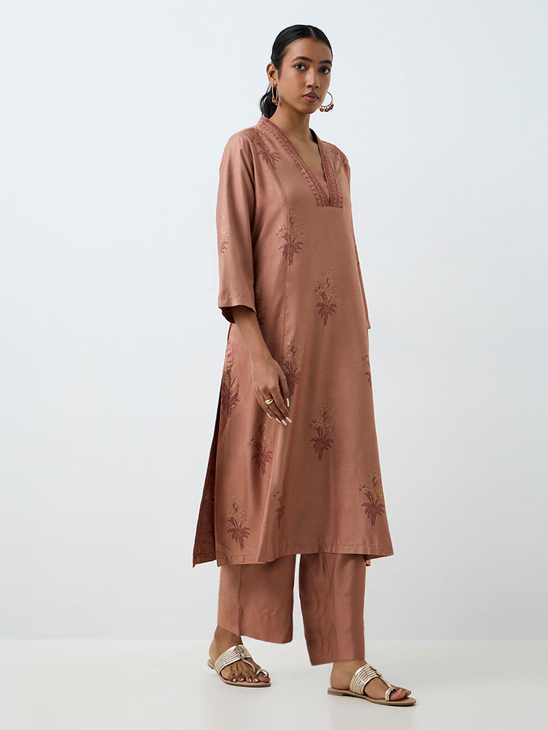 Zuba Rust Floral Pattern A-Line Kurta