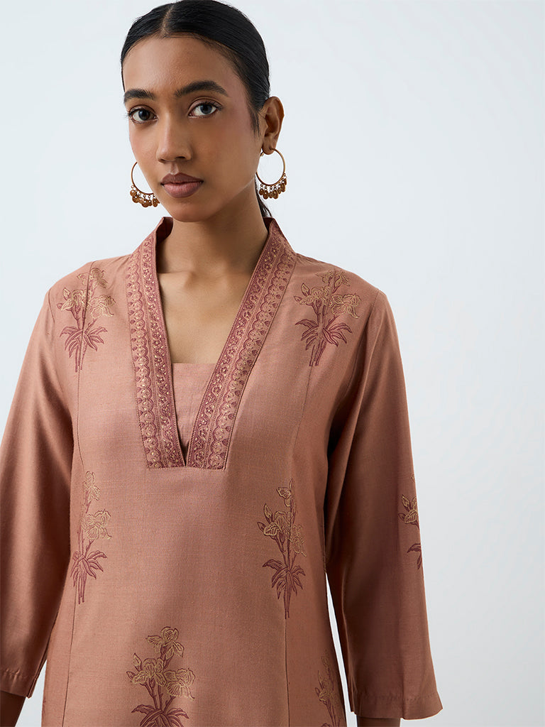 Zuba Rust Floral Pattern A-Line Kurta