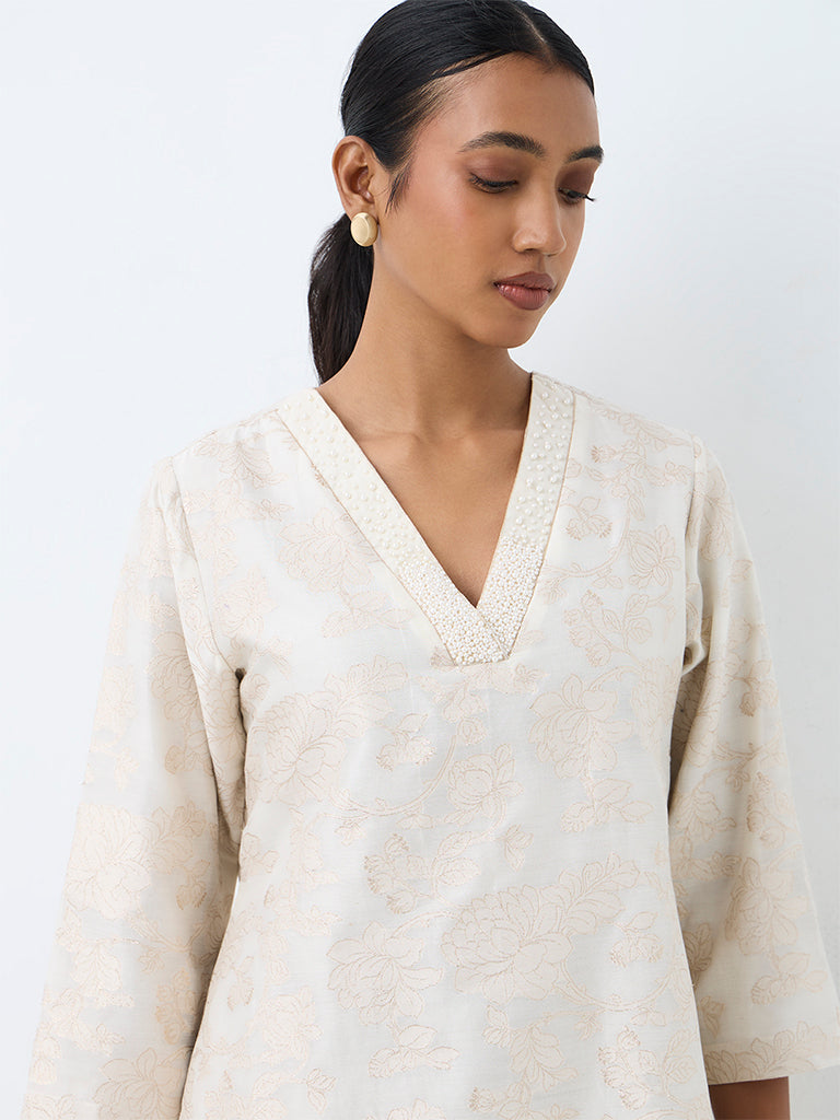Zuba Ivory Floral Brocade A-Line Kurta
