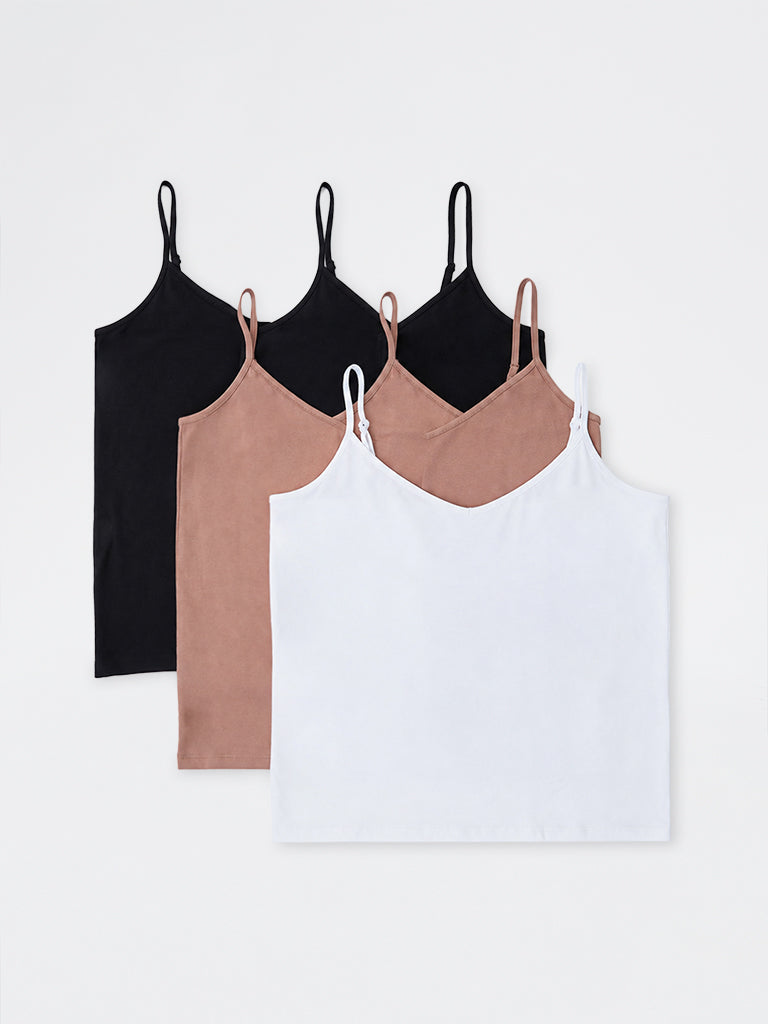 Wunderlove White Cotton-Blend Camisoles - Pack of 3