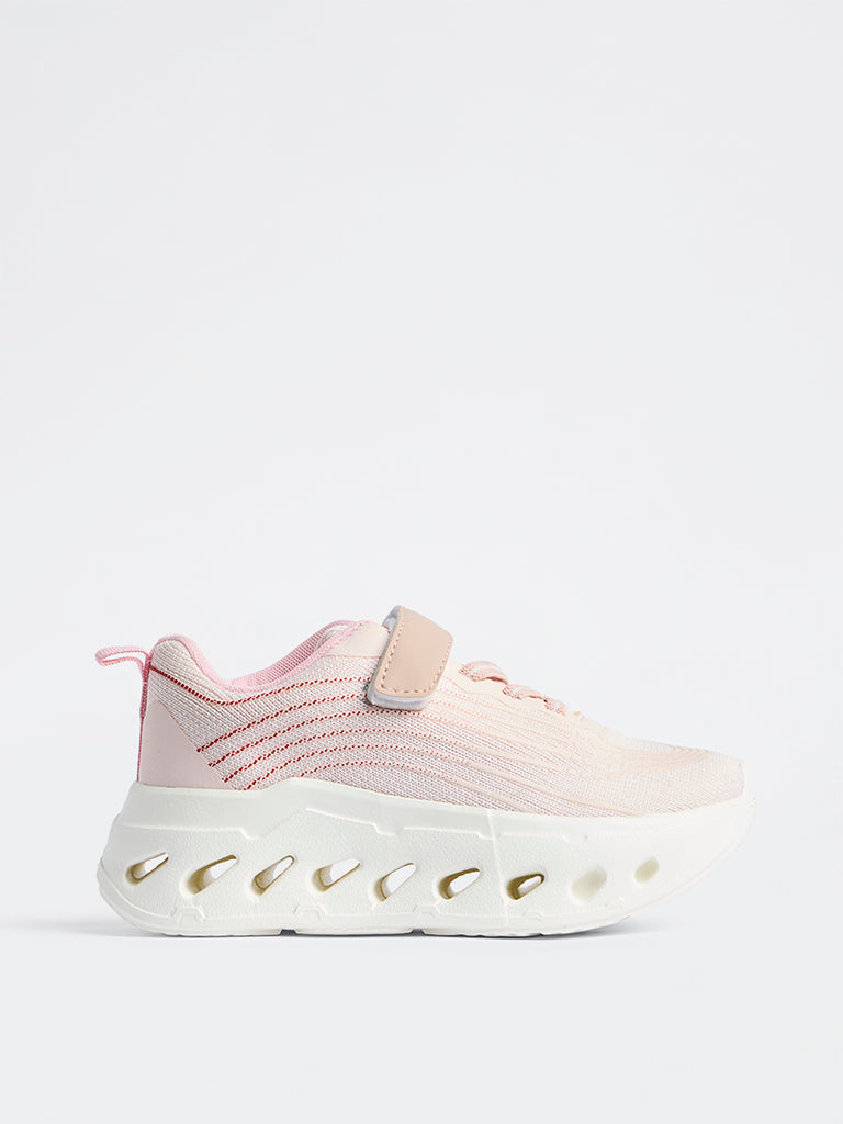 Yellow Peach Knit-Textured Lace-Up Chunky Sneakers