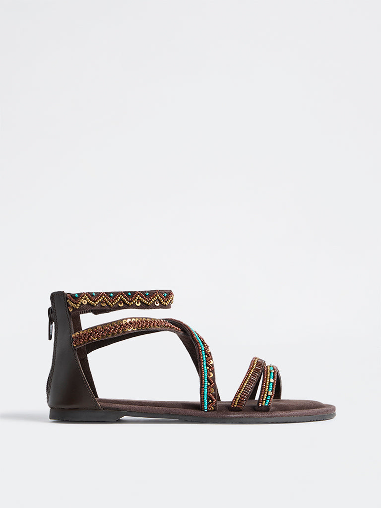 LUNA BLU Dark Brown Beaded Multi-Strap Gladiator Sandals