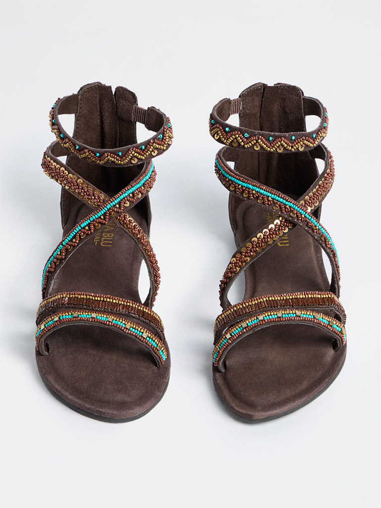 LUNA BLU Dark Brown Beaded Multi-Strap Gladiator Sandals