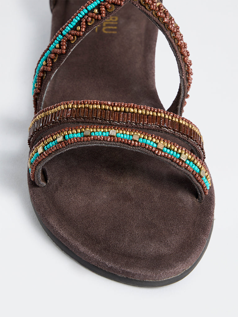 LUNA BLU Dark Brown Beaded Multi-Strap Gladiator Sandals