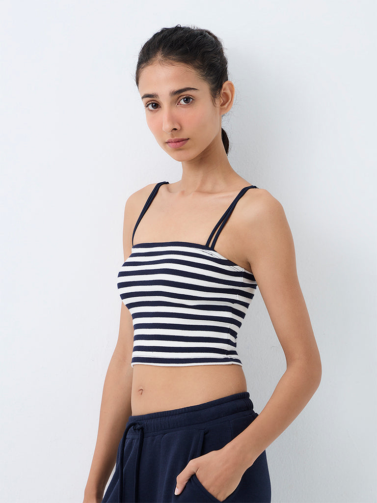 Nuoflexx White and Navy Striped Cotton-Blend Top