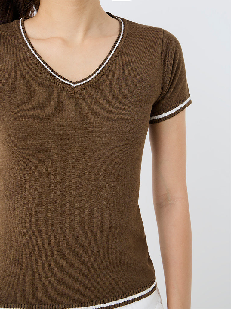 Nuoflexx Brown Contrast-Detail T-Shirt