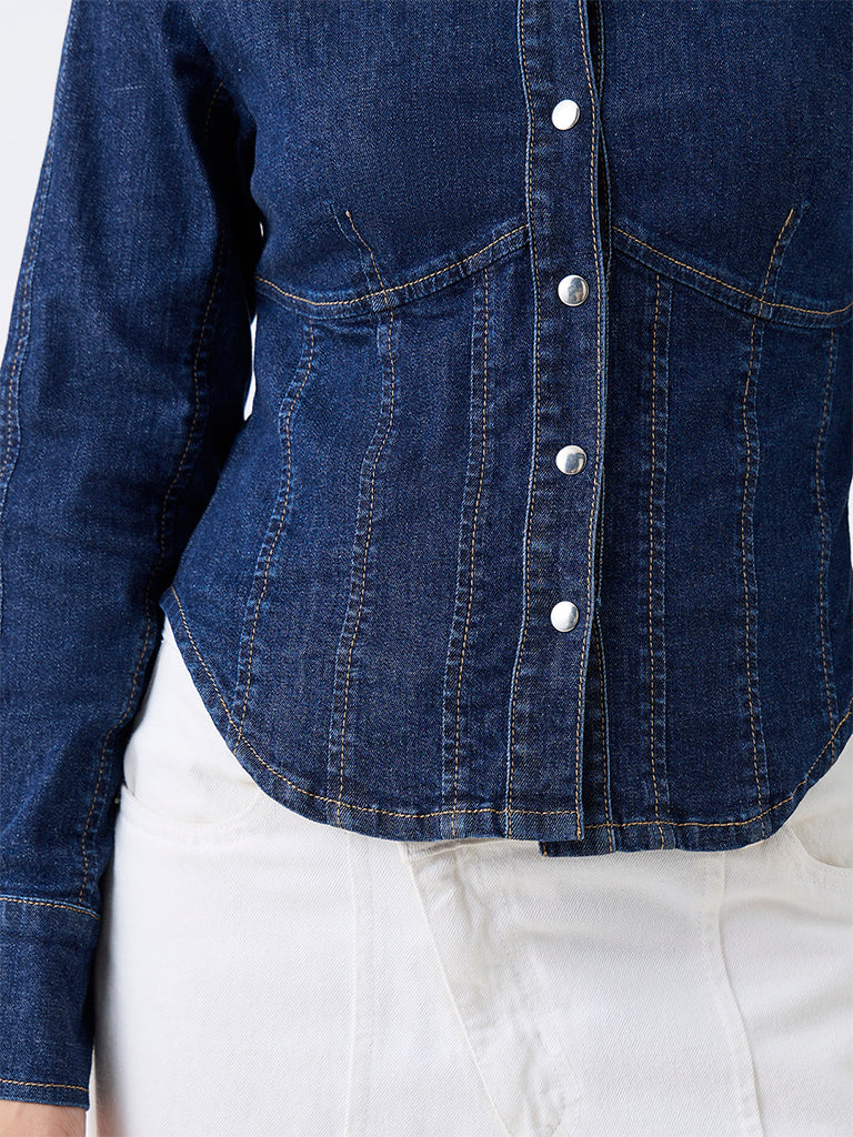 Nuon Dark Blue Fitted Denim Shirt