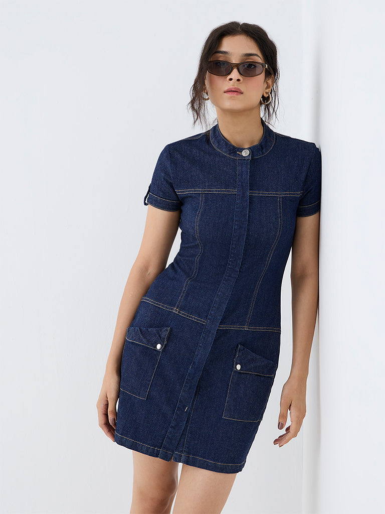 Nuon Indigo Pocket-Detail Sheath Denim Dress