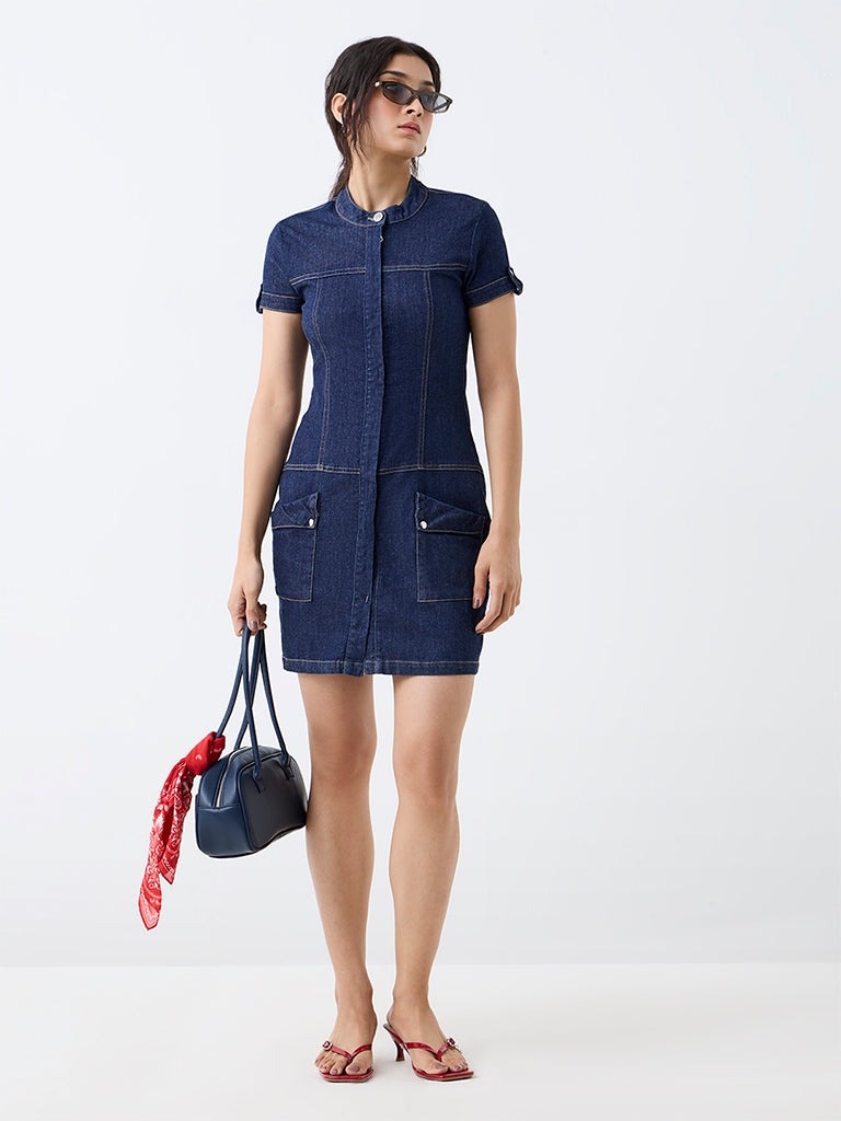 Nuon Indigo Pocket-Detail Sheath Denim Dress