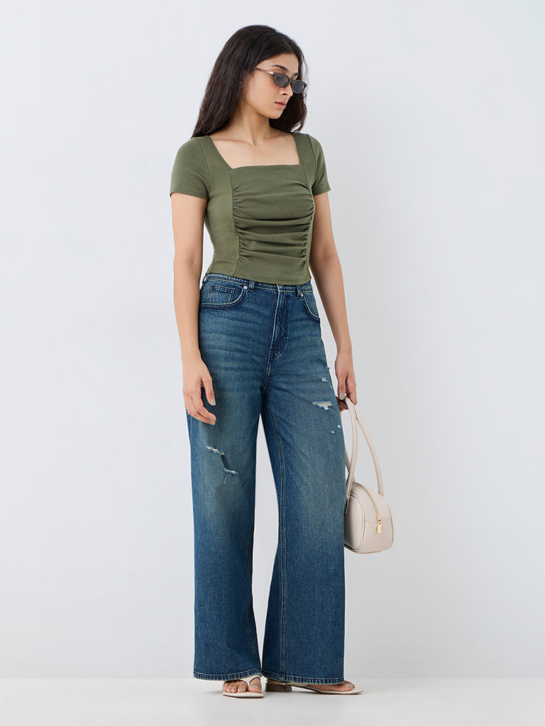 Nuon Dark Olive Ruched Cotton Top